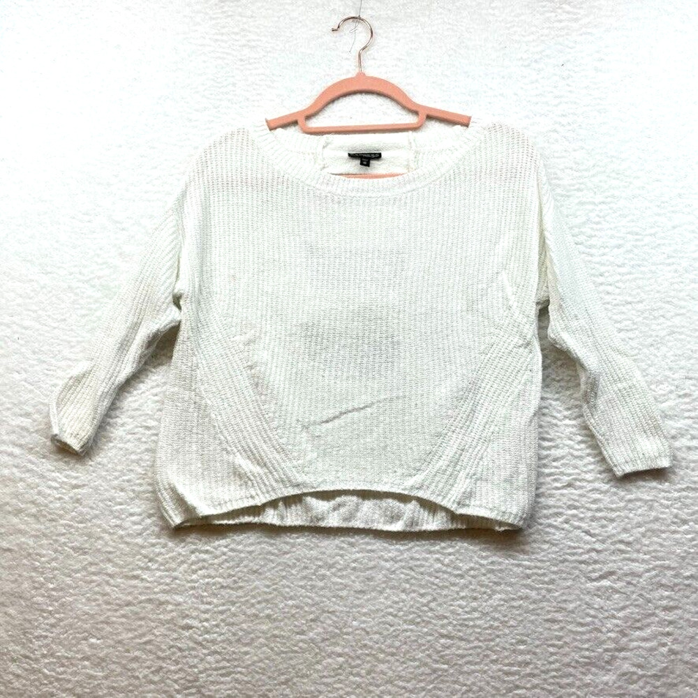 Express Womens Crop Sweater XS White 3/4 Sleeve Round Neck Cut Out Ribbed